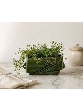 Vintage USA Green Ceramic Planter, Rectangular Floral Planter, Cottagecore Plant